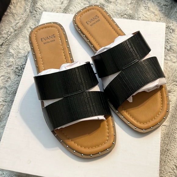 evans Shoes - Evans Black Double-Band Slide Sandals